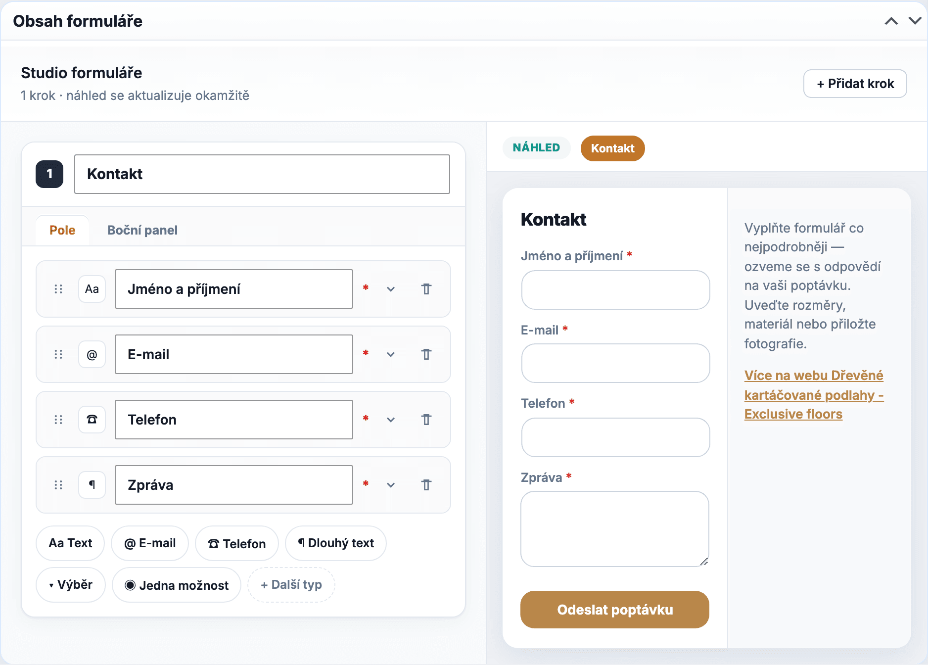 Puluno Forms builder — multi-step formulář