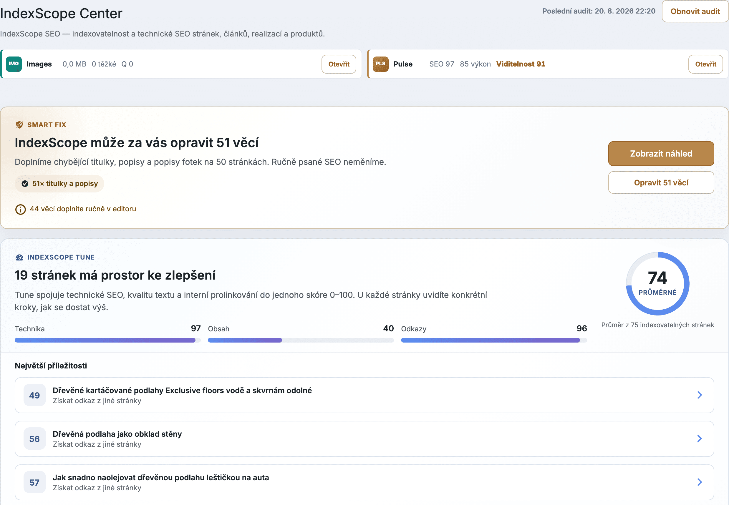 Puluno SEO Center — audit webu se skóre