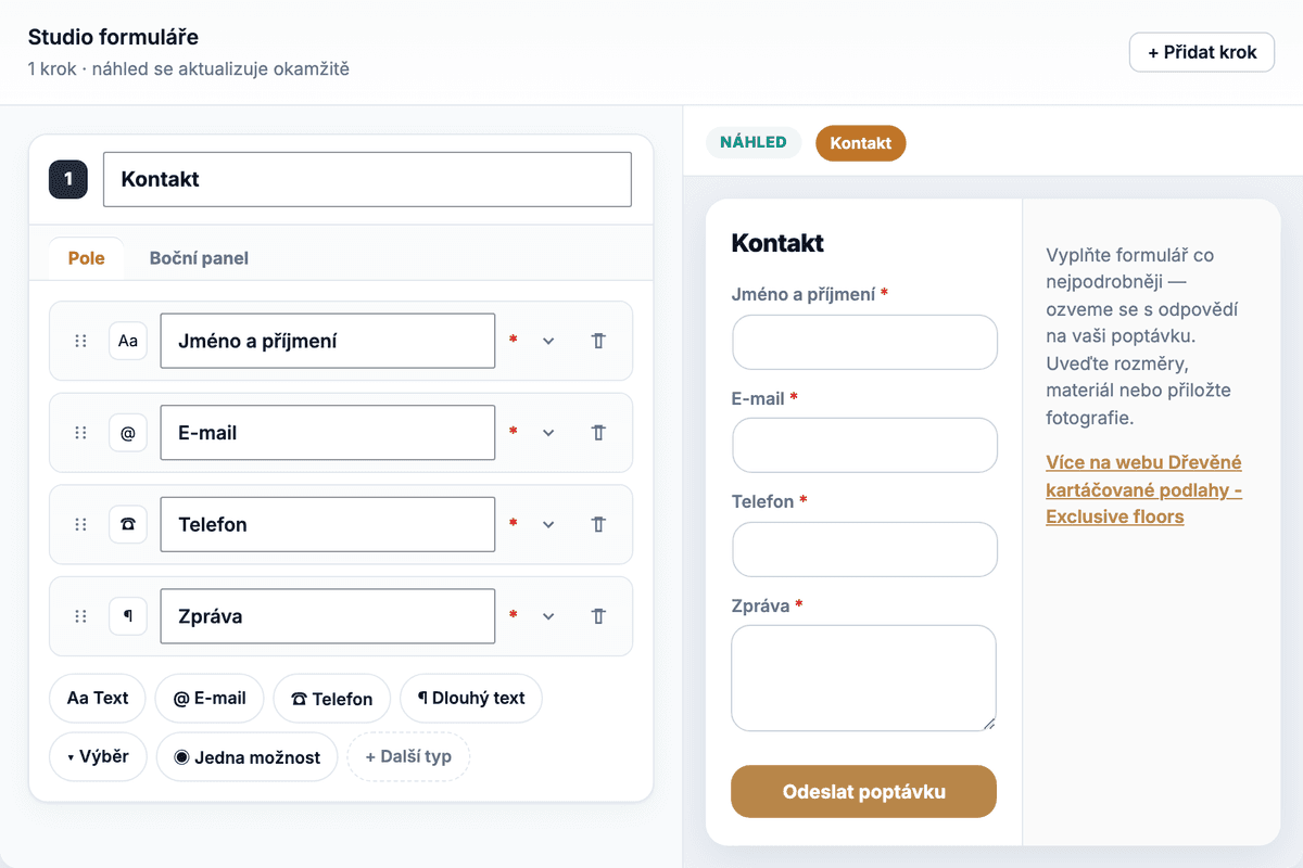 Puluno Forms builder — pole, kroky a live náhled formuláře
