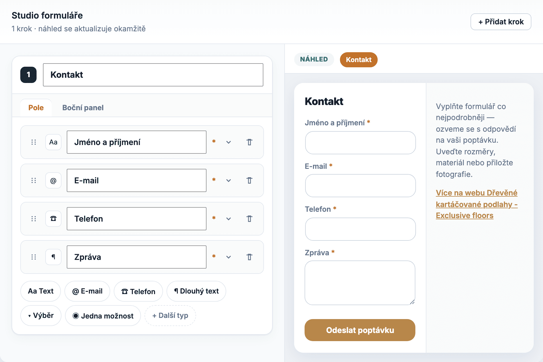 Puluno Forms builder — pole, kroky a live náhled formuláře