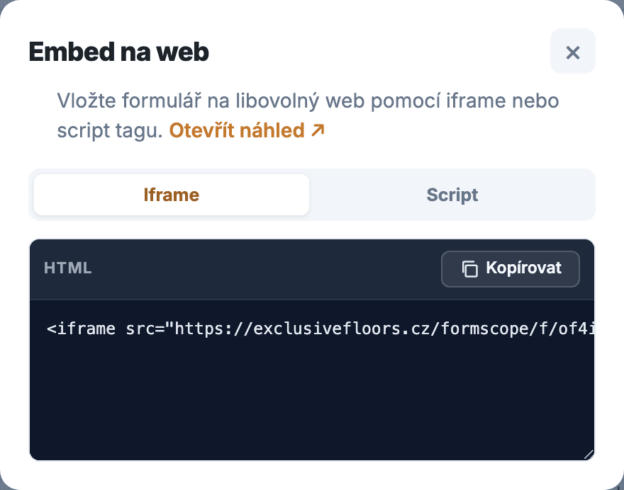 Embed kód — iframe a script tag