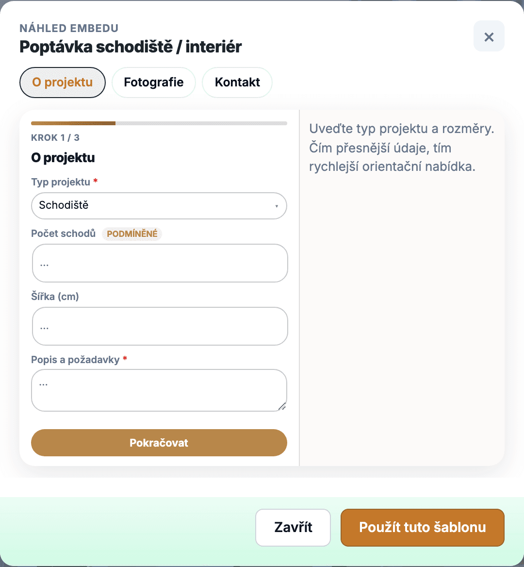 Multi-step formulář poptávka schodiště — náhled předvolby