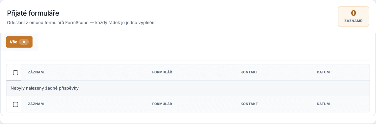 Seznam přijatých formulářů Puluno Forms
