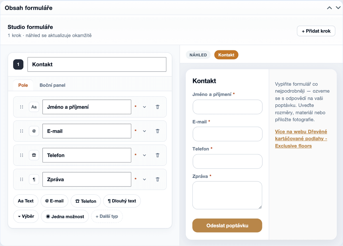 Puluno Forms builder — multi-step formulář