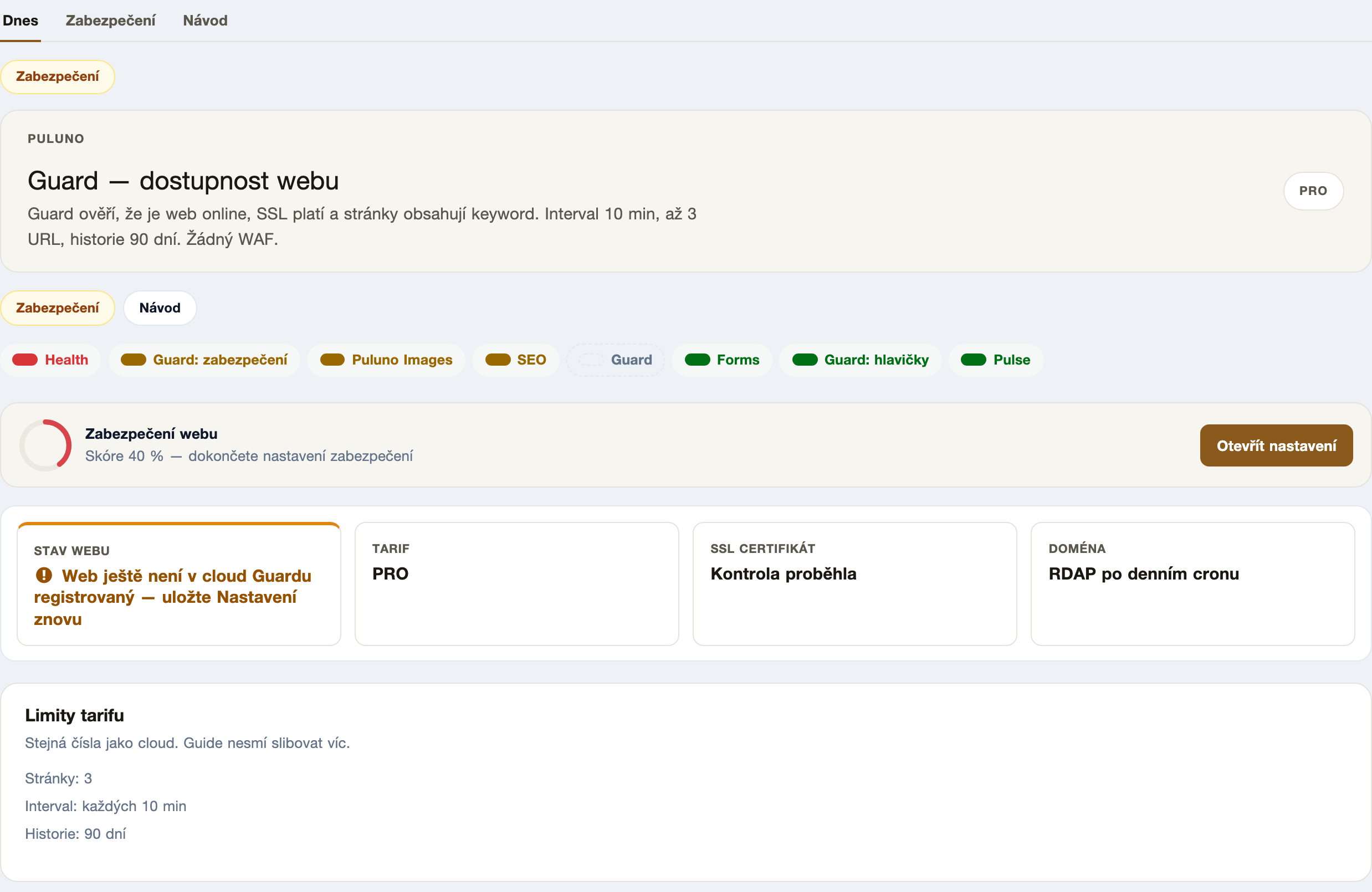 The Puluno Guard module: site uptime, SSL certificate check and domain status on a regular interval.