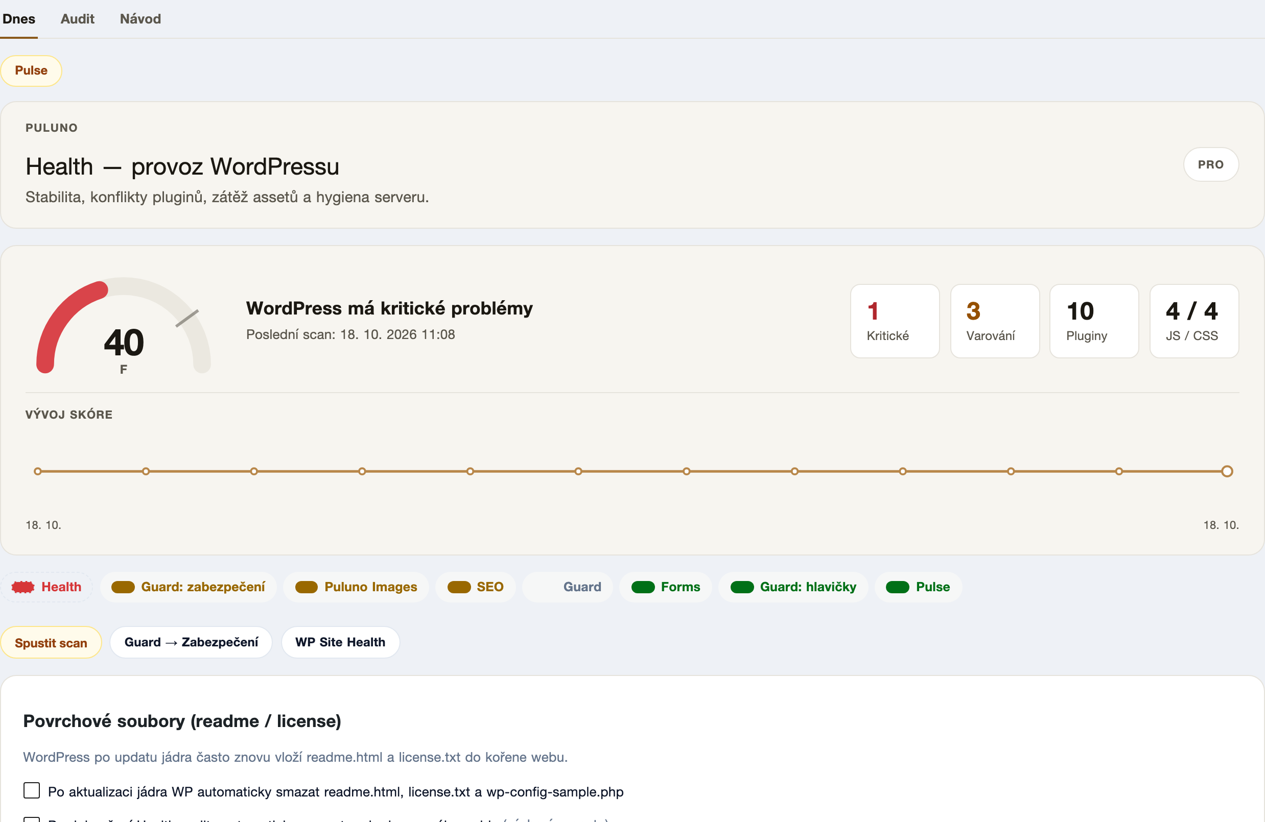 The Puluno Health module: WordPress operational score, number of critical issues, warnings and surface-file monitoring.