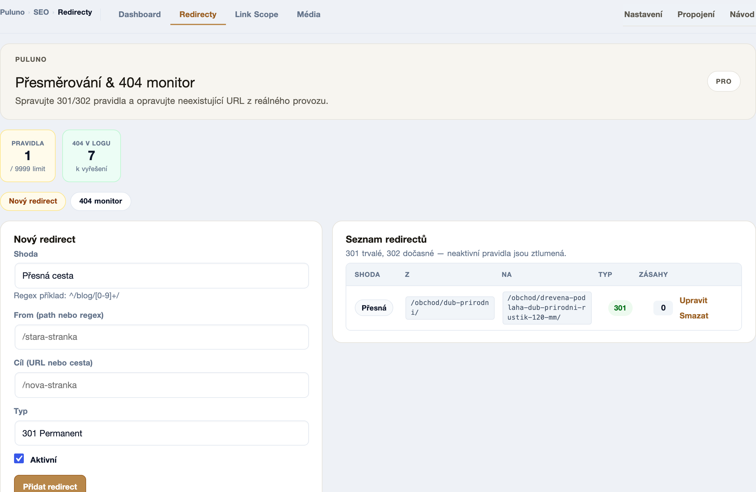 Modul Puluno SEO: správa přesměrování a 404 monitor — staré URL pošlete pravidlem 301 na novou adresu.