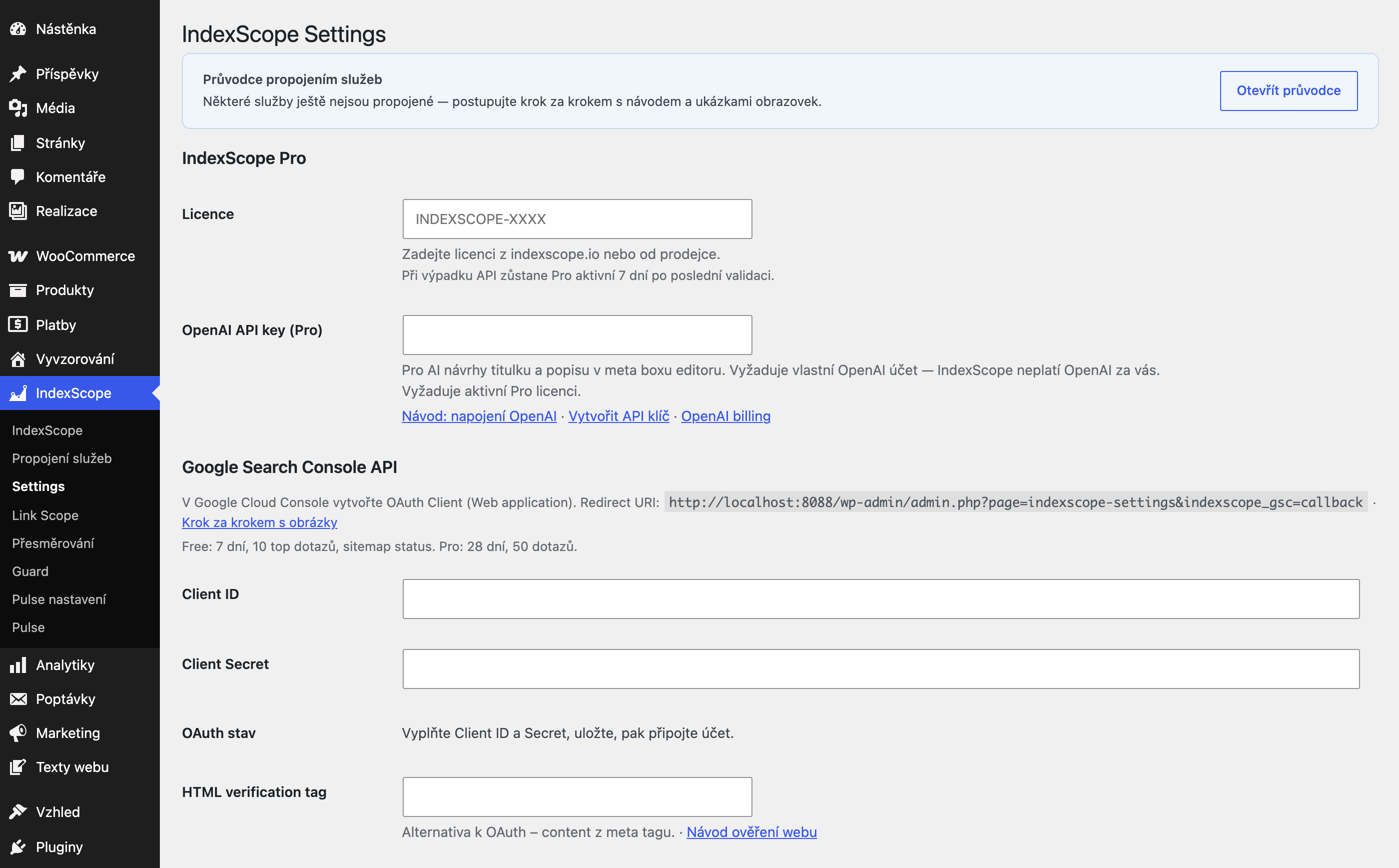 Puluno Settings – GSC OAuth, Pro licence, IndexNow